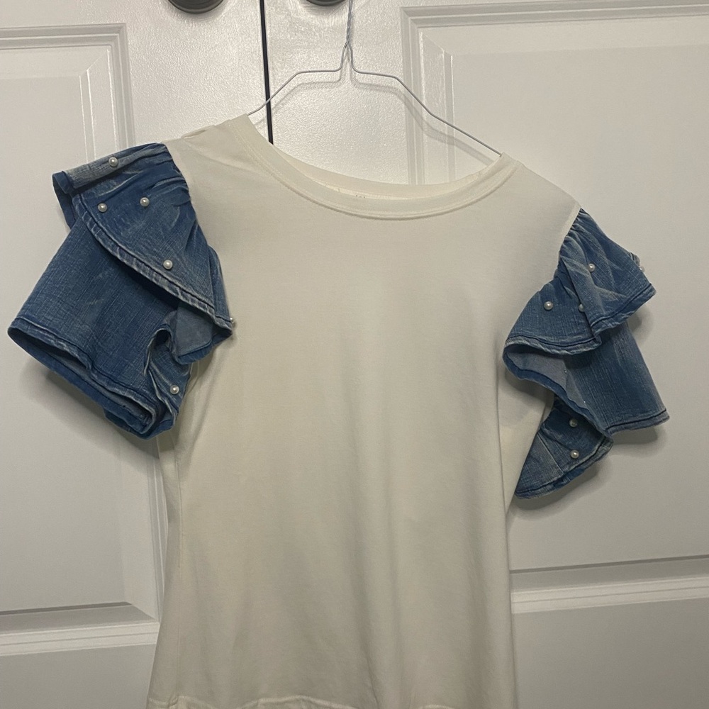 White Top with Denim Ruffle Sleeves